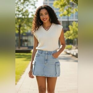 Mimosa Light Wash Denim Cargo Mini Skirt Utility Pockets 100% Cotton Size S